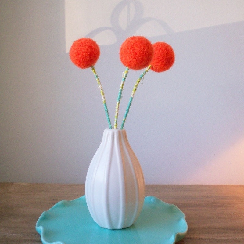 Tangerine flower bouquet. Orange wool pom poms floral arrangement.  Large yarn blooms with turquoise cotton stems. Mandarin, clementine.