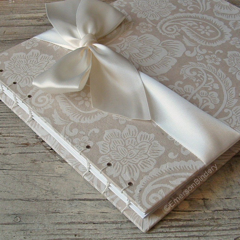 Wedding Guest Book, Ivory and White Paisley, MEDIUM 9x7, MADE upon ORDER