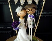Wedding Cake Topper with Custom Wedding Dress and Flag Bunting Background - Custom Keepsake by MilkTea