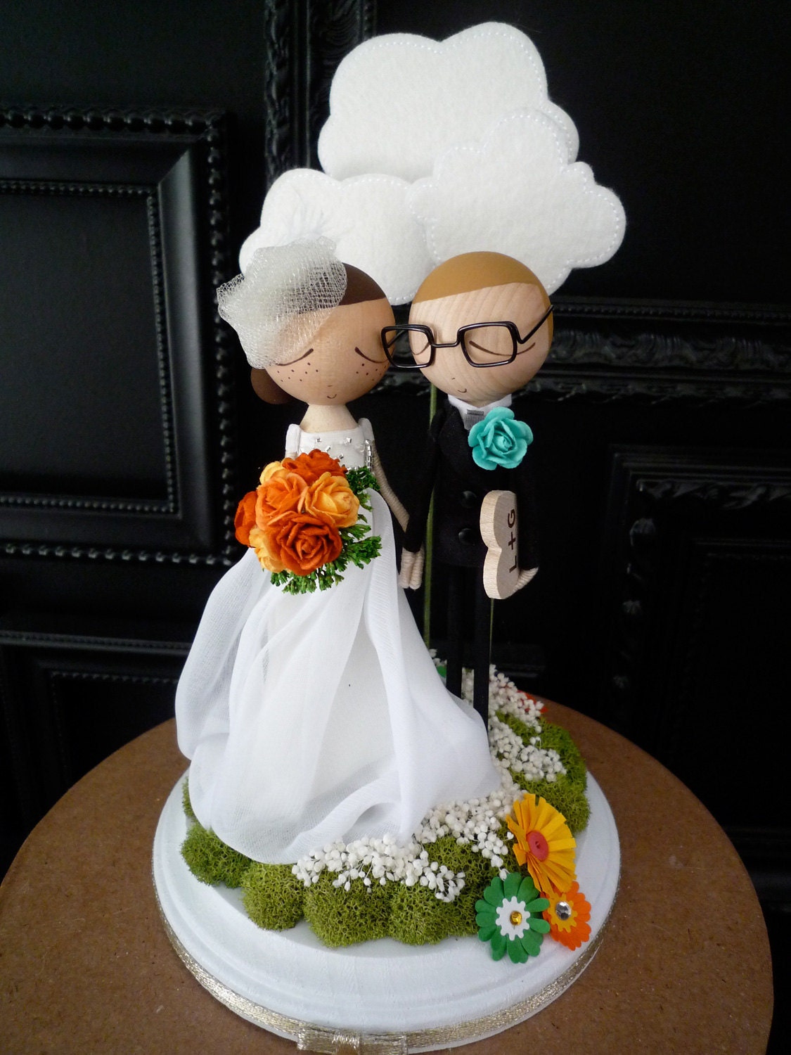 Wedding Cake Topper with Custom Wedding Dress and Cloud Background - Custom Keepsake by MilkTea