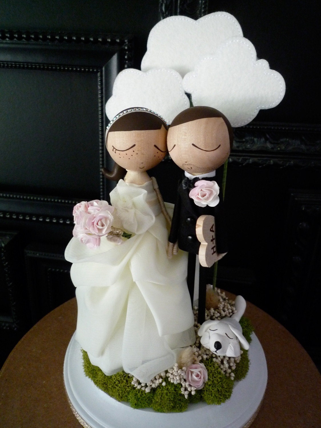 Wedding Cake Topper with Custom Wedding Dress and Cloud Background - Custom Keepsake by MilkTea