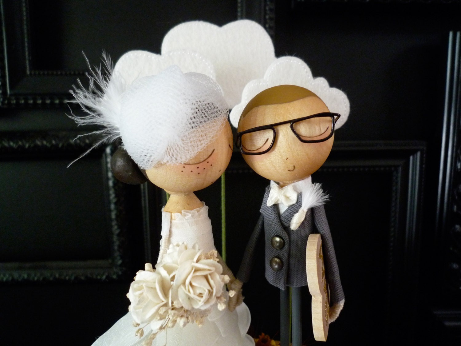 Wedding Cake Topper with Custom Wedding Dress and Cloud Background - Custom Keepsake by MilkTea