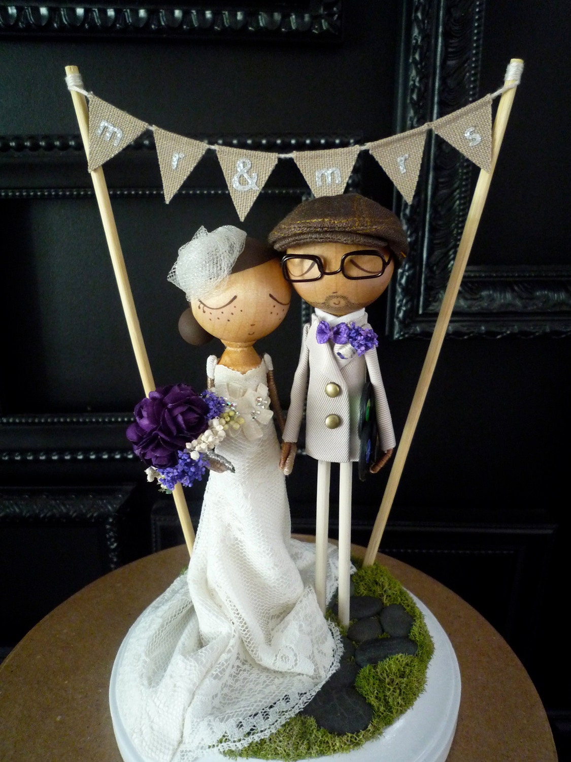 Wedding Cake Topper with Custom Wedding Dress and Flag Bunting Background - Custom Keepsake by MilkTea