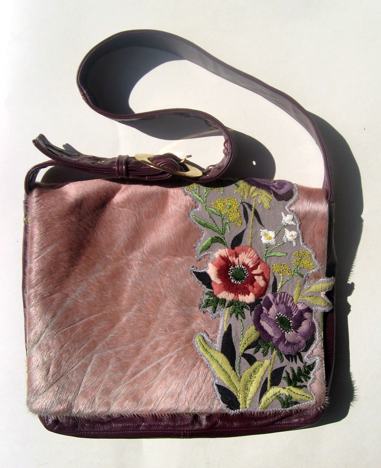 SALE Messenger Pink hairy cow leather with vintage embroidered flowers on bag, boho,unique, handmade