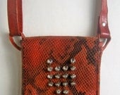 Messenger/ small bag- leather Red snake print with studs, unique, handmade, lovely