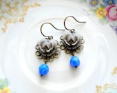 Flower Earrings Dangle Blue Earrings Drop Grey Earrings Flower Jewelry