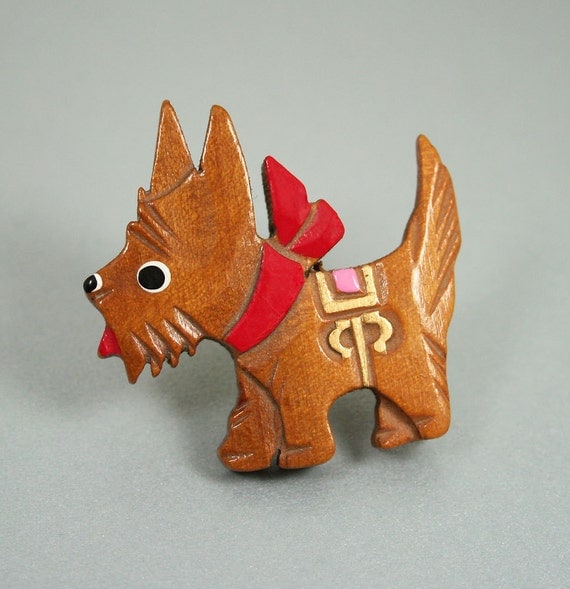 Antique Brooch Scottish Terrier Scottie Dog Carved Wood Hand Painted Jewelry
