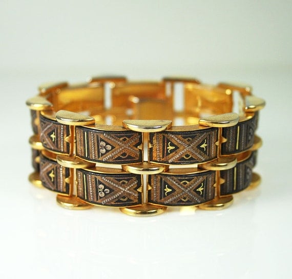 Vintage Bracelet Spanish Damascene Two Row Chunky Jewelry