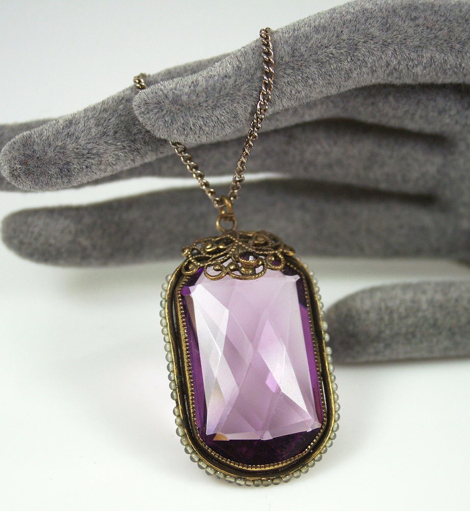 Art Deco Pendant Necklace Amethyst Glass Filigree Antique Jewelry