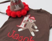 Personalized Sock Monkey Birthday Shirt Set- Sock Monkey Birthday Shirt and Hat Set- Sock Monkey Birthday Set