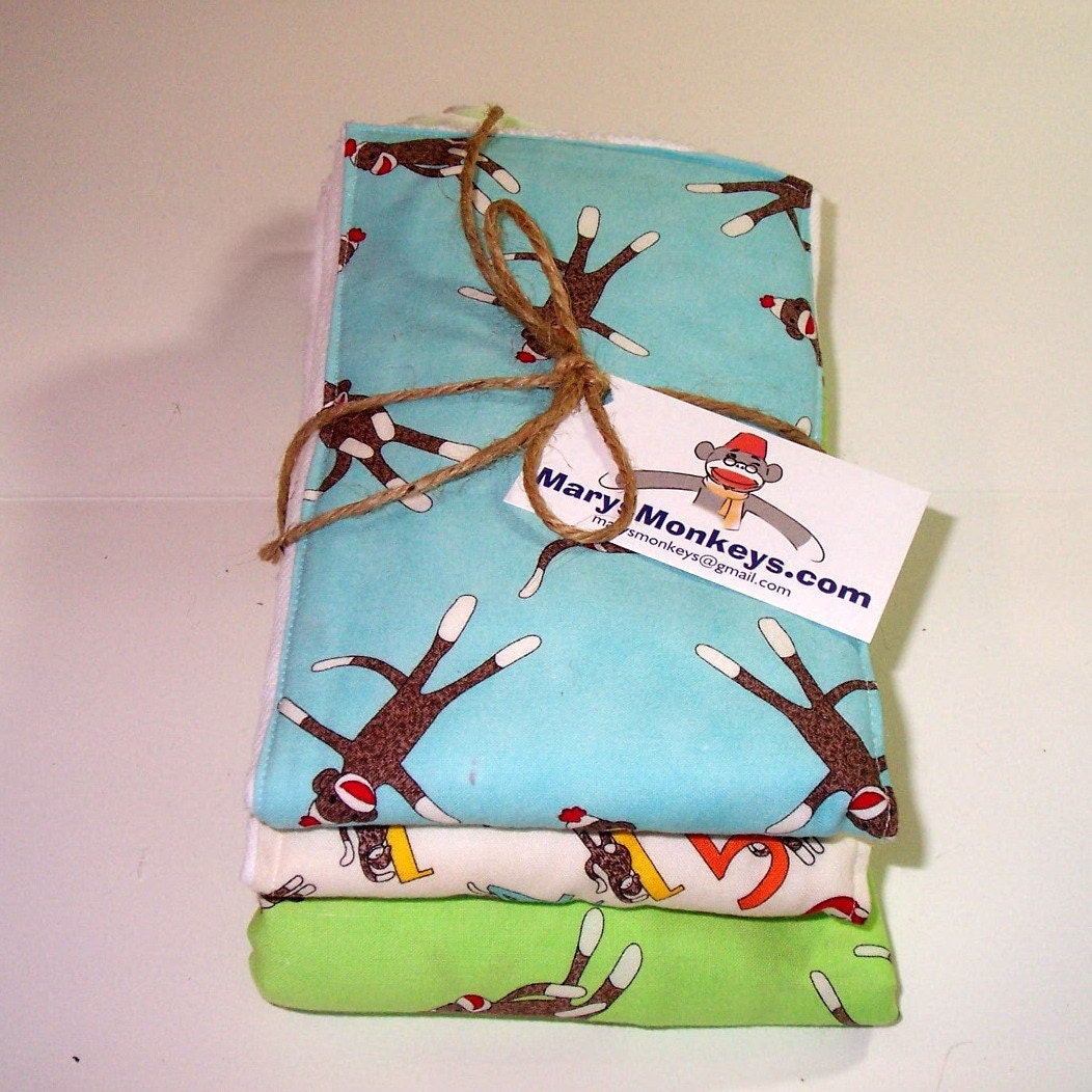 Burp Cloths, Sock Monkey Design, Set of 3