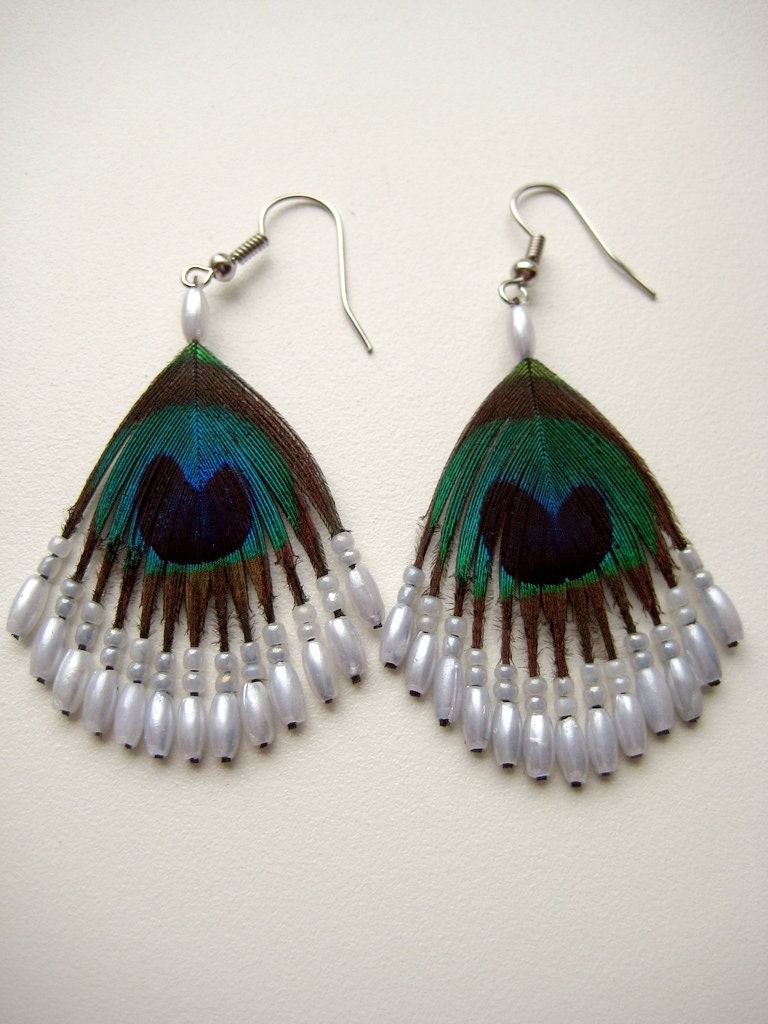 Earrings, Peacock, Feather, Beaded, White, Green, Black, Blue, Peacock eye, Handmade Jewelry by BoutiquePeony on Etsy