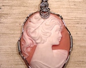 Pretty Pink Vintage Resin Cameo Pendant in Silver Wire Wrapped Design