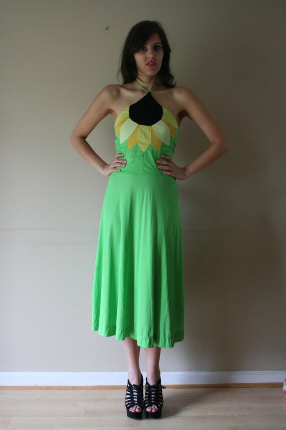 reserved 70s Flower Child Sundress Open Back Sunflower Dress Line Green Black Two Tonen Yellow Size Small-Medium sm med md (0-2-4-6)