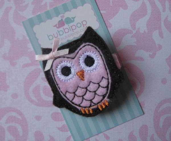 No Slip Felt Hair Clip Boutique Dark Brown and Pink Euro Owl