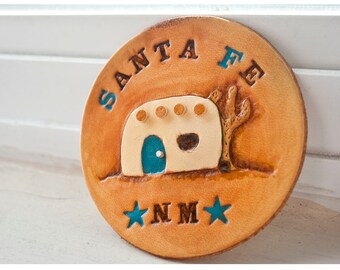 Santa Fe, New Mexico leather art piece - Adobe house and cactus - one of a kind