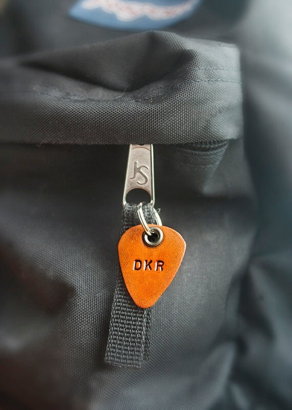 Leather Guitar Pick - Personalize with up to 4 characters - Zipper pull, luggage tag - hand cut - perfect for Dad