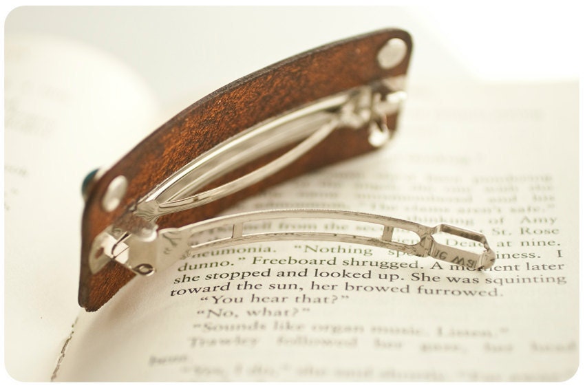 Leather barrette - Hand stamped, tooled and stained with 2 faux turquoise rivets hair clip