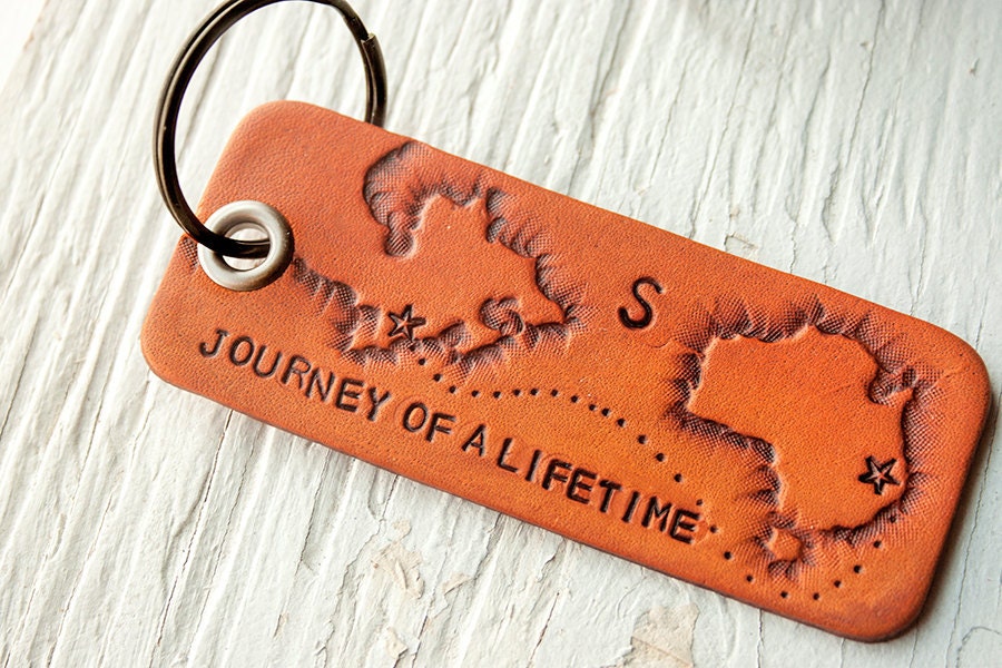 Journey luggage tag or key ring - any state or country shapes - Heart Strings keychain - travel, long distance relationship - Valentines