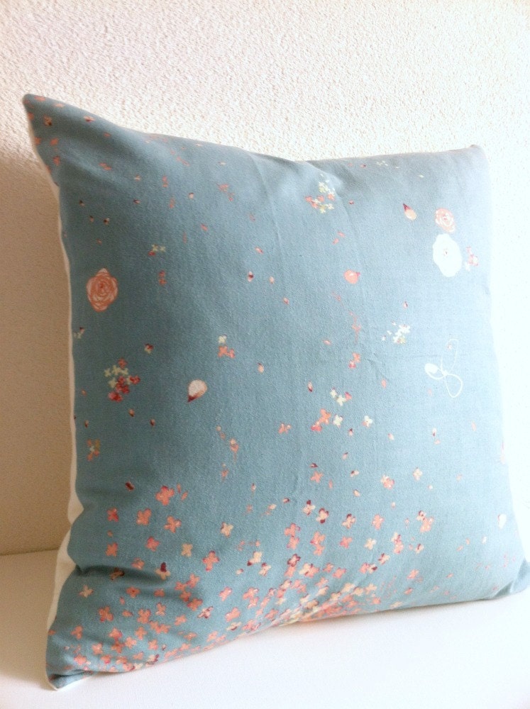 Throw Pillow Cover - Japanese Abstract Floral in Coral and Ivory on Blue Green