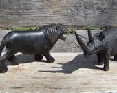 Vintage hand carved African safari animals, lion, rhino, mahogany, 1960s, tribal, jungle, nature, wildlife