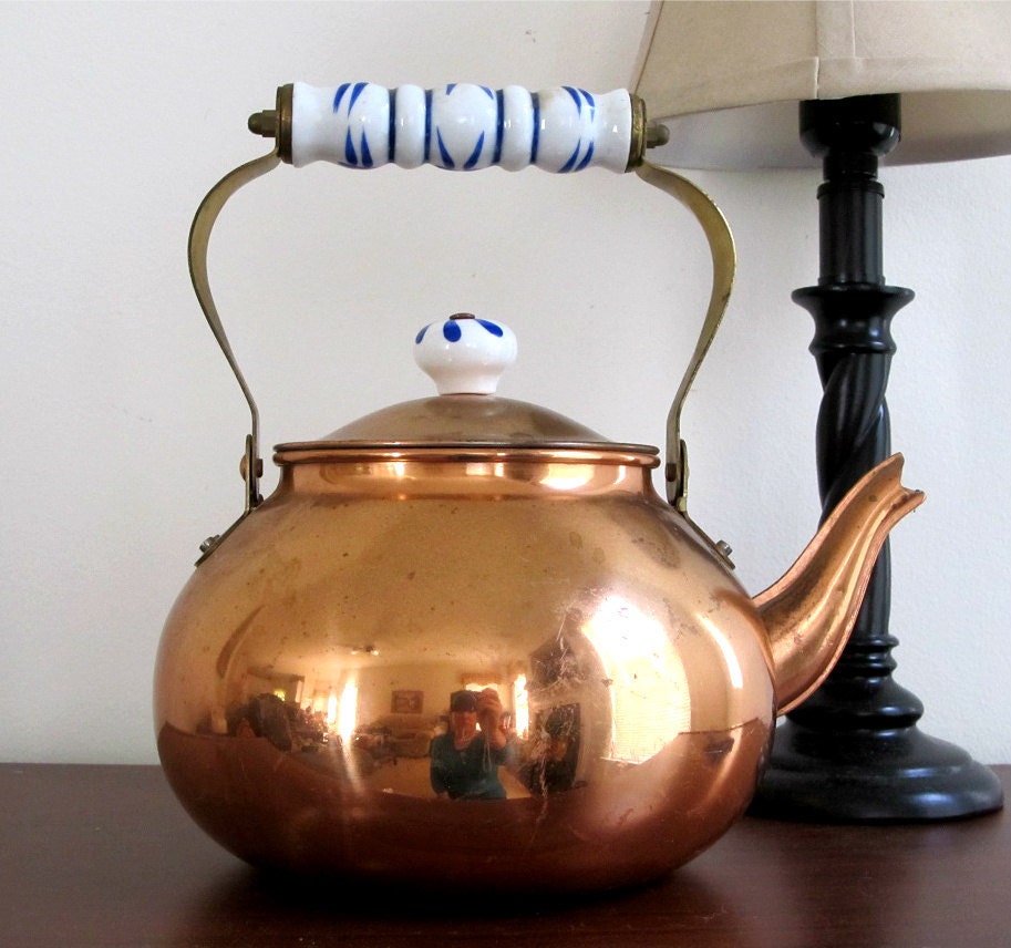 Copper Tea Kettle with Blue and White Ceramic Accents - LizzieJoeDesigns
