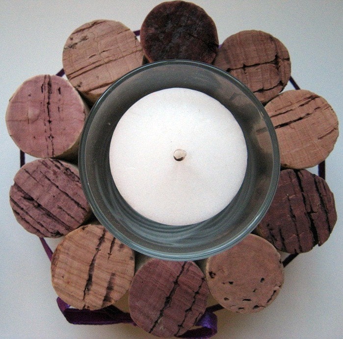 Wine Cork Votive Holders with Purple Ribbon-Set of Two- Wedding, Holidays, Hostess Gift, Romantic Dinner, Home Decor