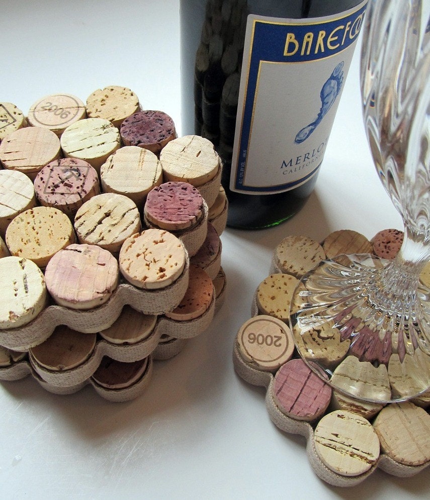 Honeycomb Wine Cork Coasters with Khaki Ribbon -Set of Four