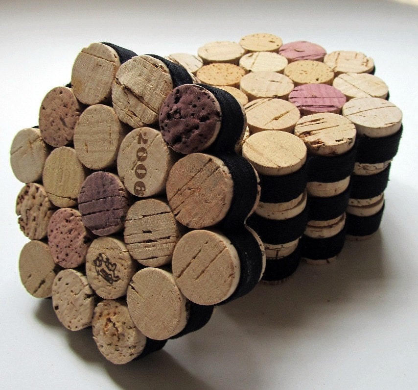Honeycomb Wine Cork Coasters With Black Ribbon-Set of Four - Wedding, Hostess Gift, Housewarming, Eco Friendly Home Decor