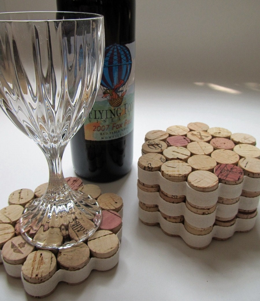 Honeycomb Wine Cork Coasters With Cream Ribbon-Set of Four - Housewarming, Wedding, Hostess Gift, Summer Entertaining, Eco Friendly
