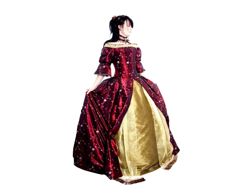 Carmine Fairytale - Iridescent Maroon Satin and Silk Renaissance Gown with Choker and Purse - READY TO SHIP