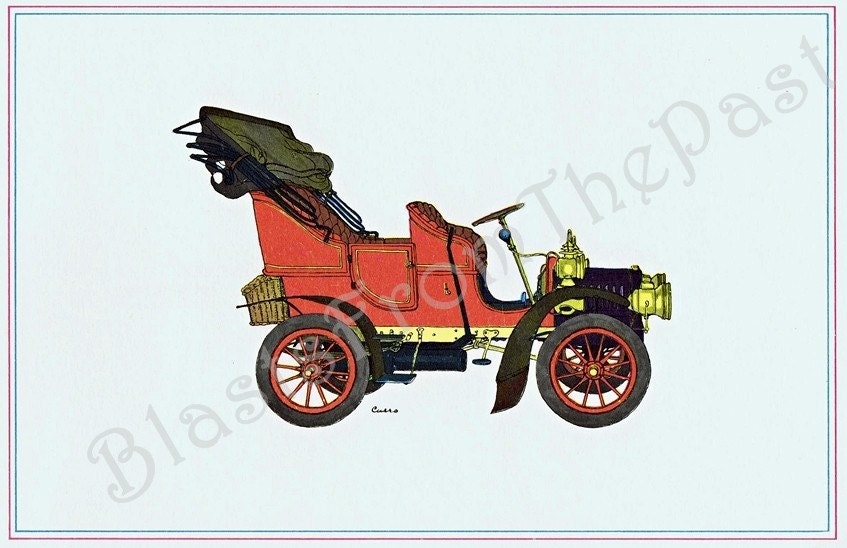 ANTIQUE CAR Lithograph c.1904 -- 'Cadillac Surrey Type Touring Car' Perfect for Framing, Man Cave, Fathers Day, Red Hot Rod, Convertible