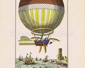HOT AIR BALLOON Vintage Lithograph c.1785 'The First Channel Crossing', Adorable, Perfect for Framing, Kids Room, Nursery, Office Decor