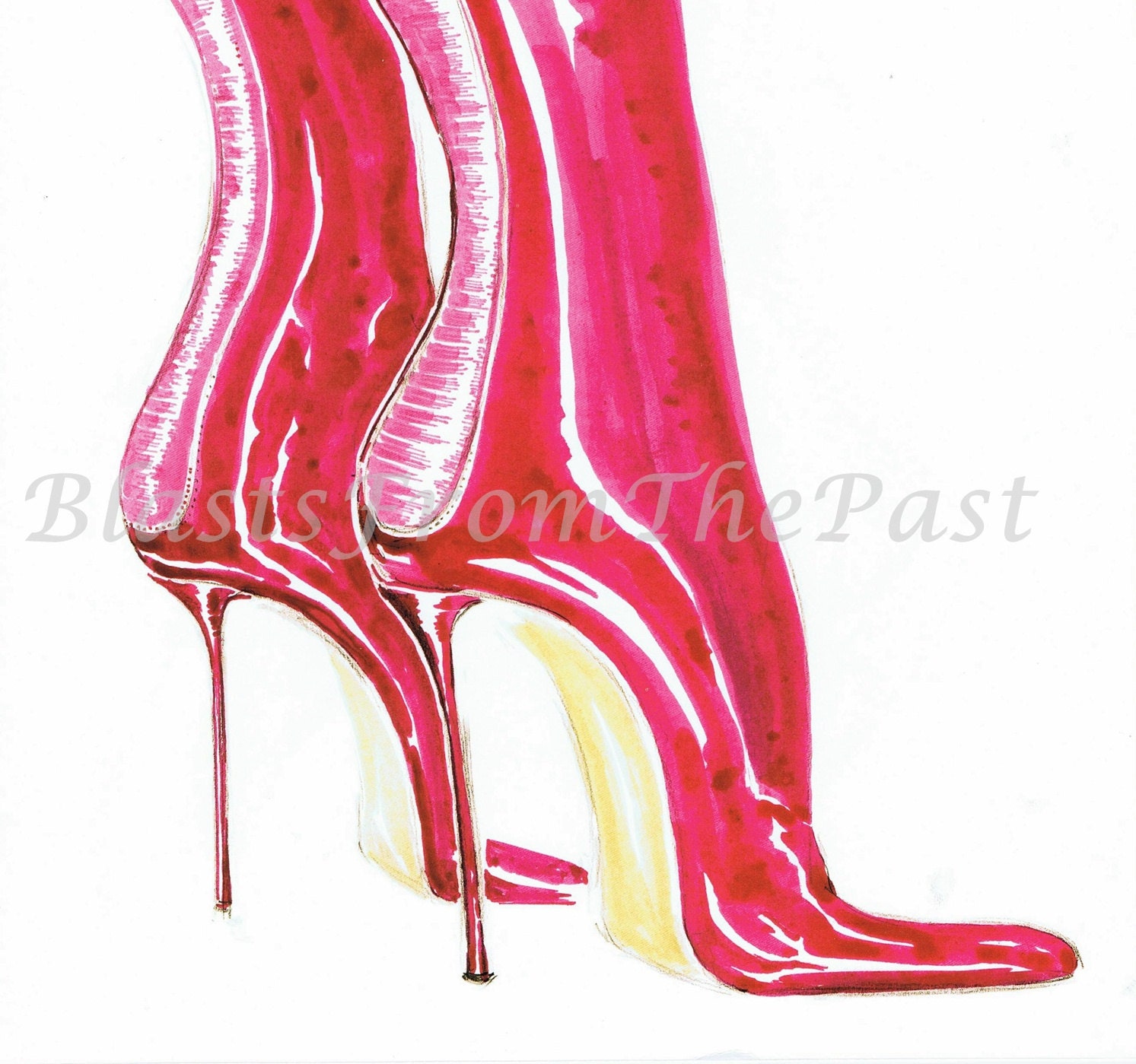 Manolo Blahnik SHOE Print, Pl 161-162, Pink Knee High Boots in Shiny Leather, Teen or Girls Room, Perfect for Framing