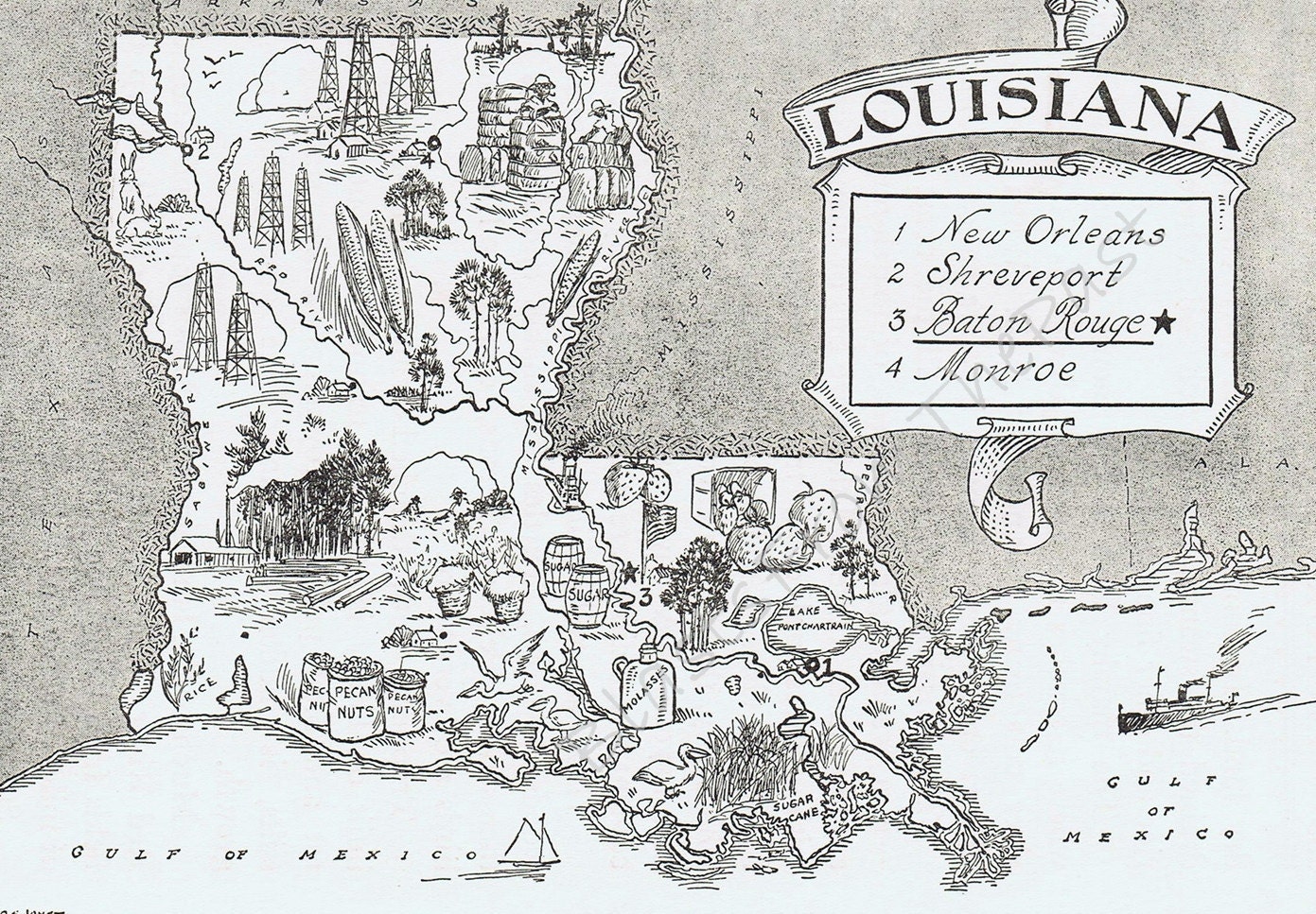 Vintage LOUISIANA Map, Adorable, Beautifully Illustrated, Perfect for Framing, Gulf, New Orleans, Baton Rouge, Atlas