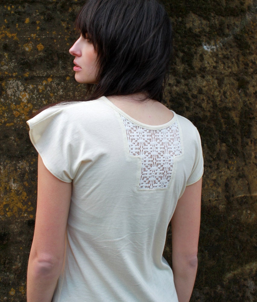 Lace tunic - Casual boho chic women's shirt with geometric lace neutral ivory jersey - large