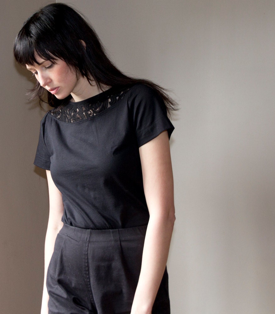 Boho Lace Tunic - black sheer lace in the back, vintage style t-shirt fit  - medium