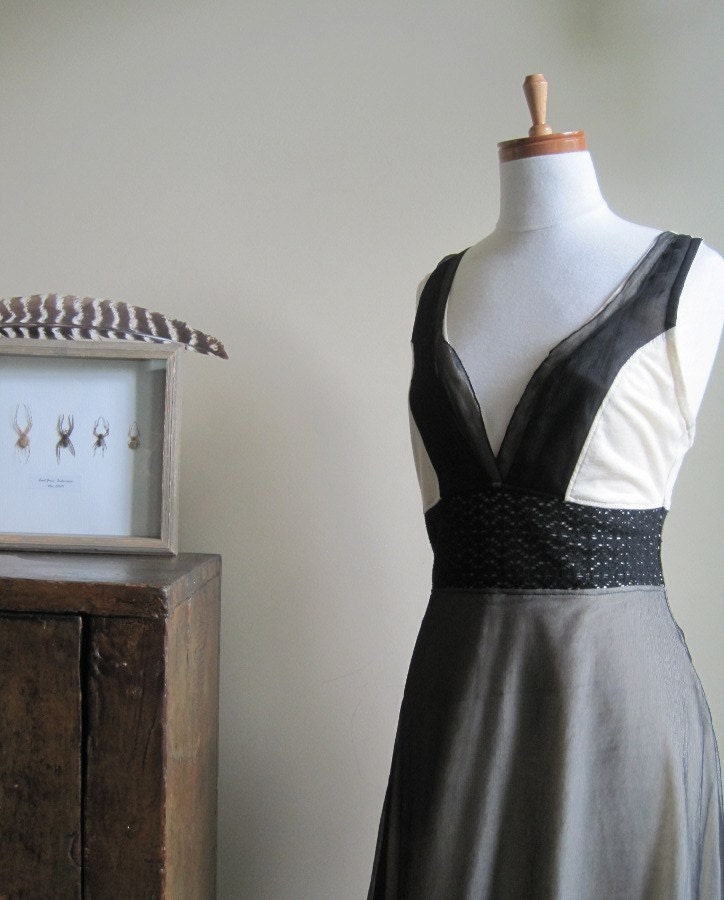 Bohemian lace dress - deep v-neck and racerback cut, night black silk chiffon and neutral ivory jersey  - small