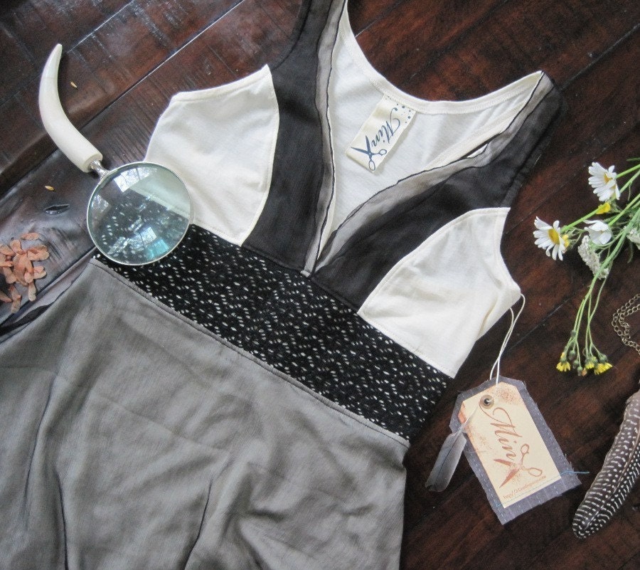 Bohemian lace dress - deep v-neck and racerback cut, night black silk chiffon and neutral ivory jersey  - small