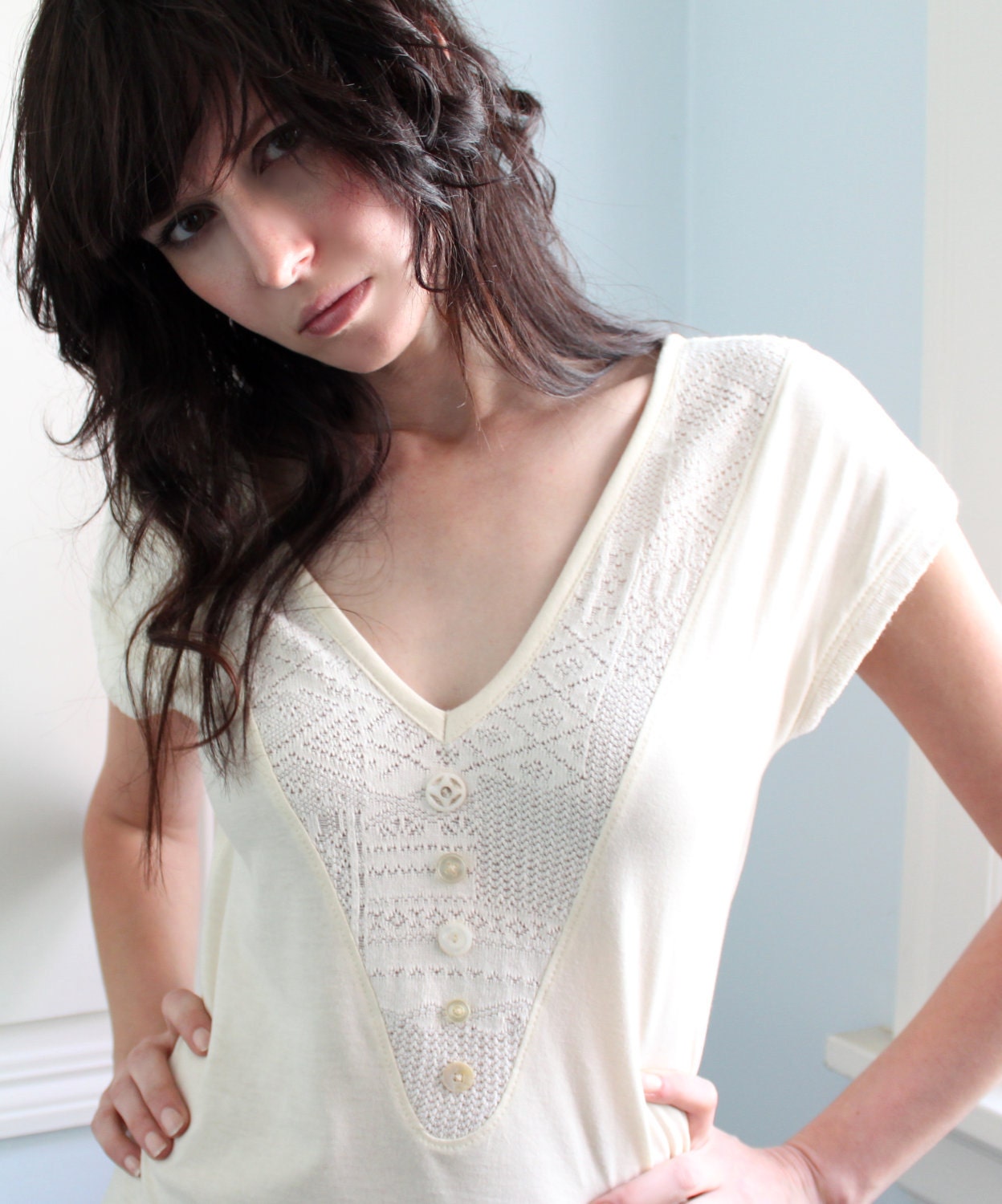 Deep v-neck tunic - country bohemian style with antique ivory buttons and lace insert - small