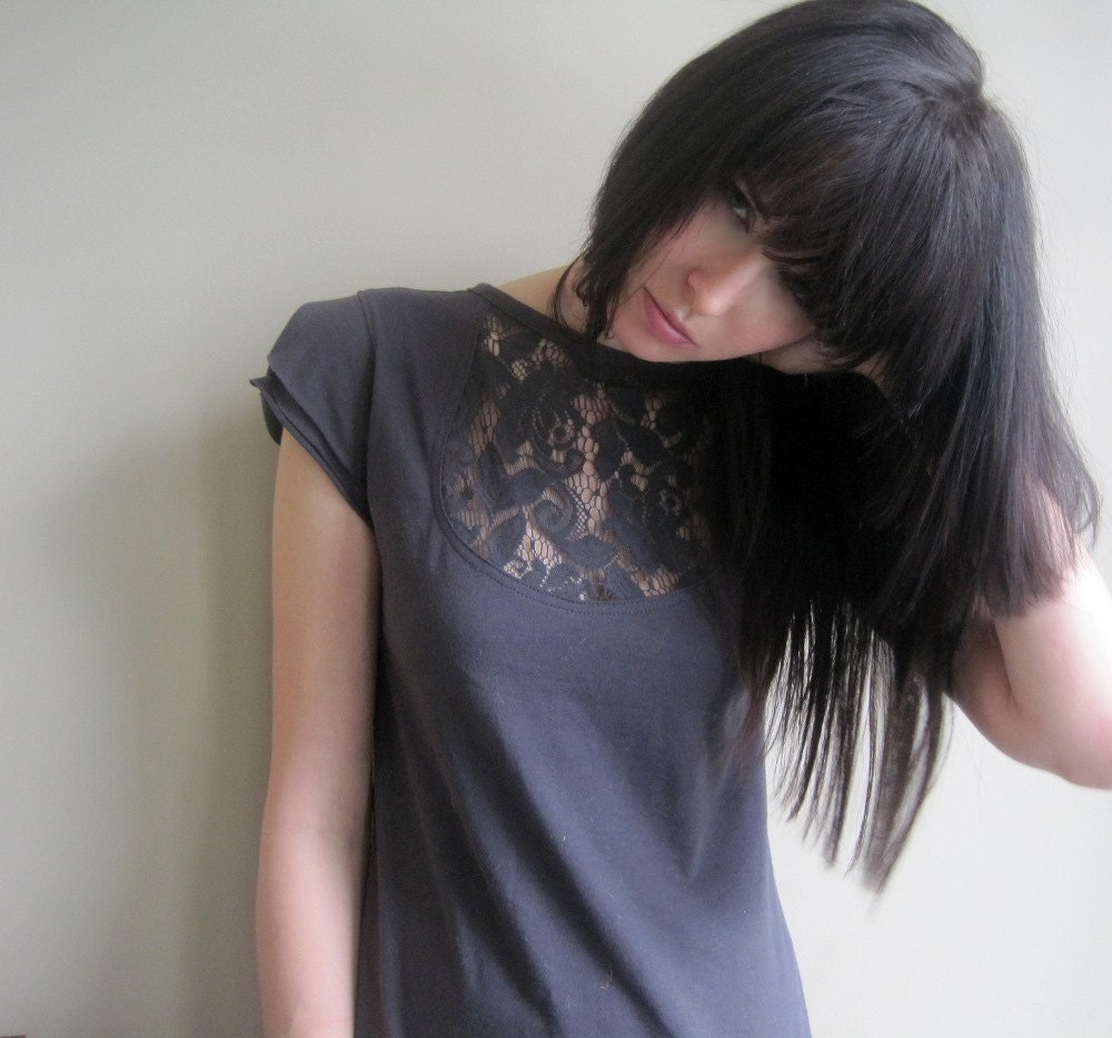 Ill-advised Rendezvous - Steel gray cutout lace shirt ruffle sleeve - small medium large