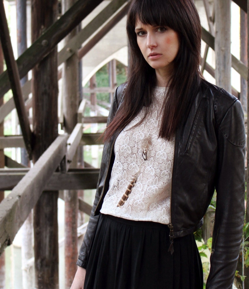 Scoop back lace blouse - rustic sheer antique ivory lace, vintage bohemian style - small