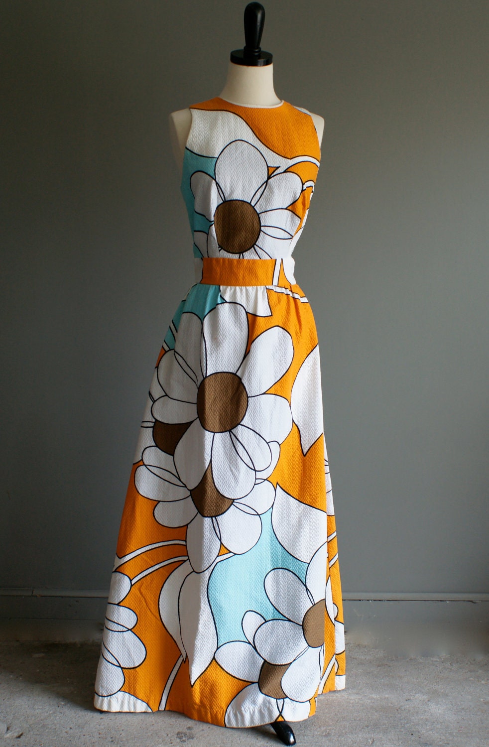 70s Hippie Flower Power Sleeveless Maxi Cotton Sears Dress (M-L)