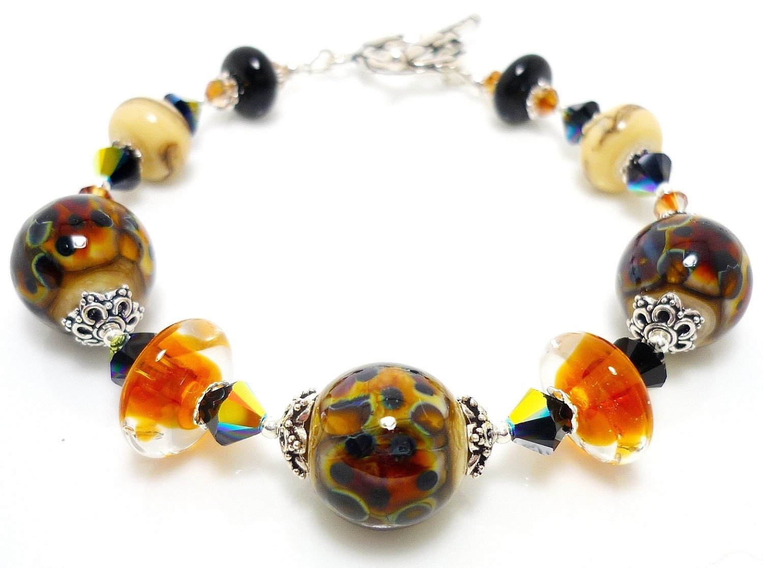 Lampwork Bracelet, Glass Bead Bracelet, Brown Black Ivory Amber Sterling Bracelet, Animal Print Bracelet, Beaded Bracelet, Beadwork Bracelet