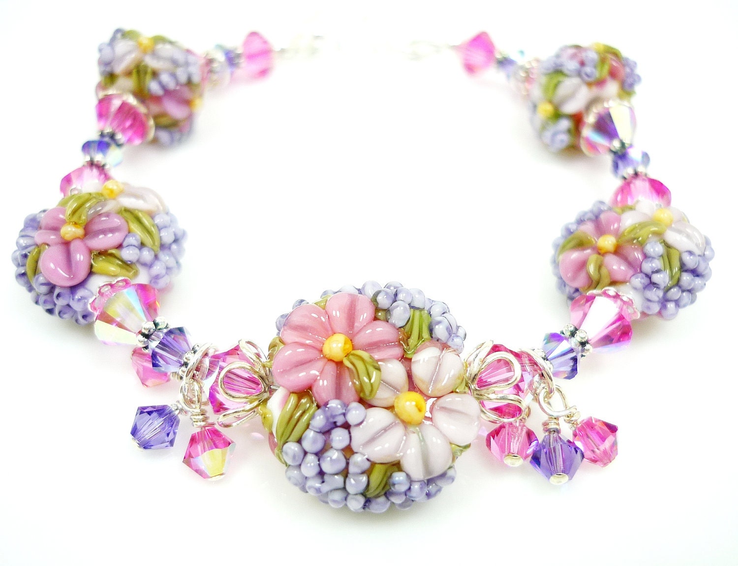 Floral Lampwork Bracelet, Glass Flower Bracelet, Glass Bead Bracelet, Pink Violet Floral Bracelet, Beaded Bracelet, Beadwork Bracelet