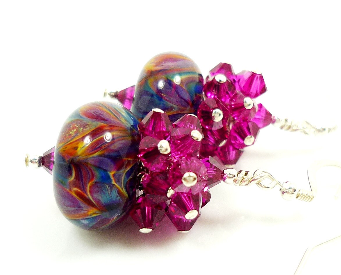 Hot Pink Purple Blue Glass Earrings, Boro Lampwork Earrings, Crystal Cluster Earrings, Glass Bead Earrings, Beaded Earrings