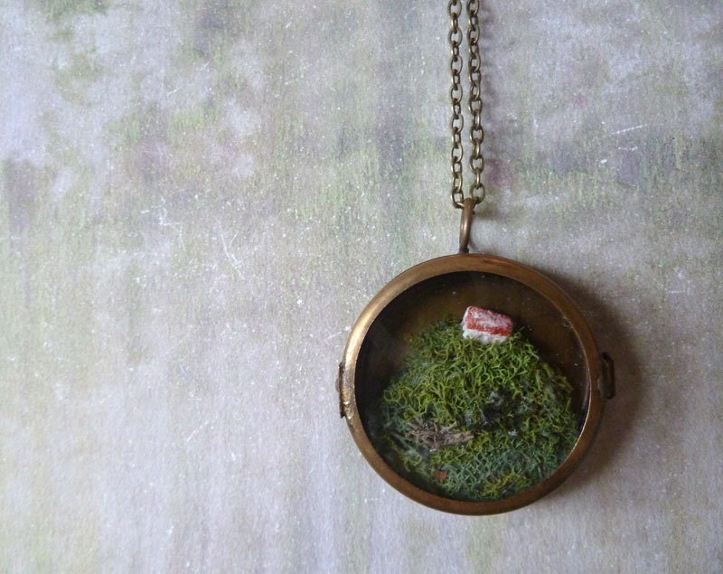 O'er the Cliffs of Moher. Irish Country Style Necklace. Moss Miniature Terrarium Brass Locket Pendant