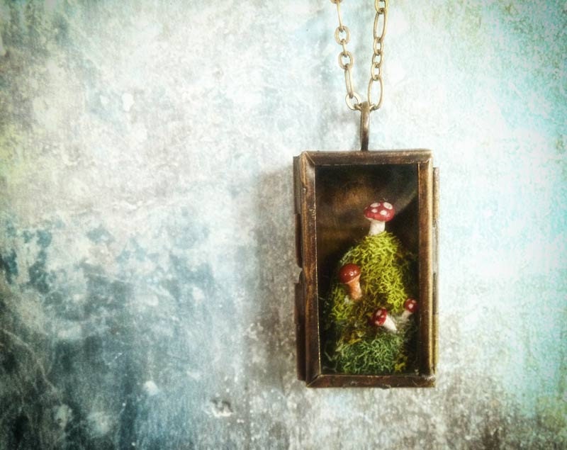 Mushroom Miniature Terrarium Necklace.  A tiny locket oasis for overworked woodland fairies and elves