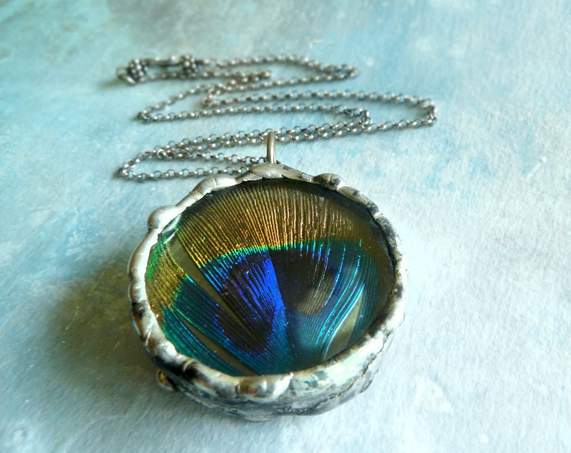 Peacock Feather Necklace. Sterling Silver Chain. Natural History. Feather Boho Jewelry