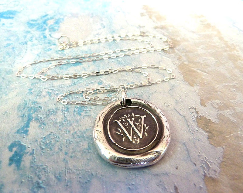 Silver Monogram Initial Wax Seal Necklace. Any Letter Made to Order. Wax Seal Fine Silver Stamped Jewelry